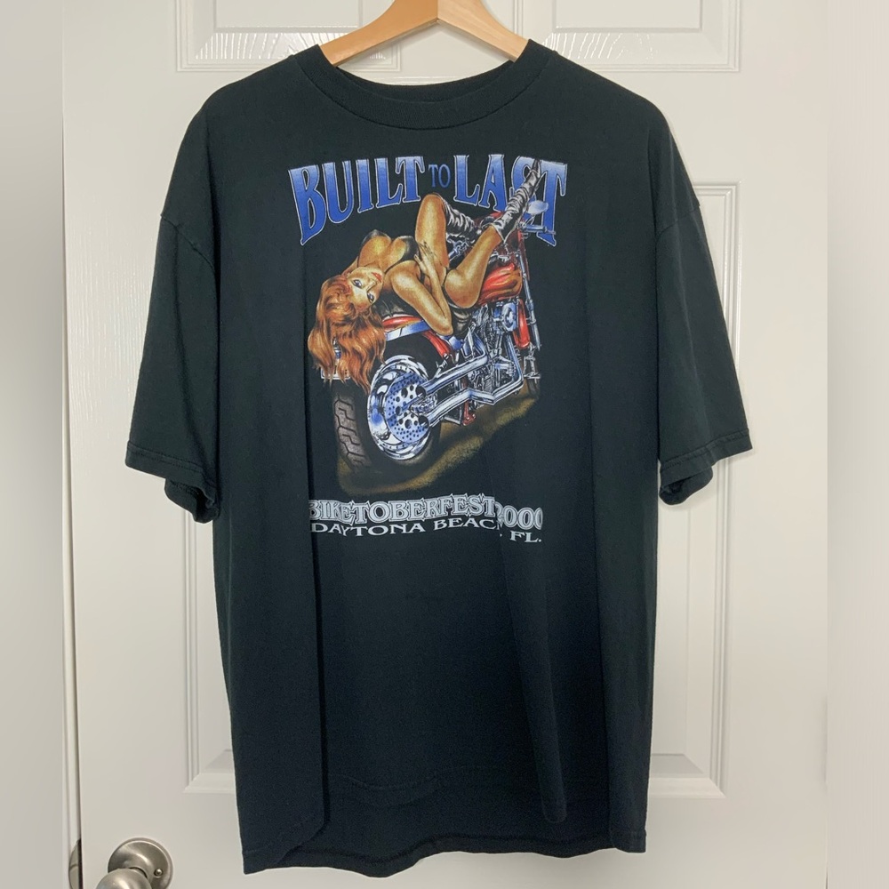 Vintage Y2K BUILT TO LAST Biker Babe Motorcycle Girl Black T-Shirt Size Large